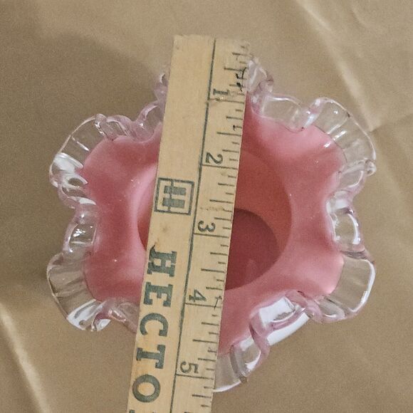 Vintage FENTON Cased Milk Glass Silver Crest White Rose Bowl Pink Ruffled - Picture 9 of 10